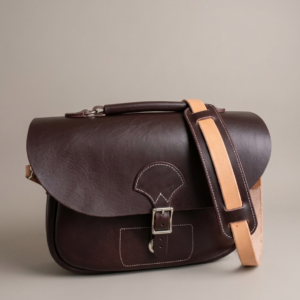 Sac satchel en cuir marron profond de haute qualité. Ce sac cartable artisanal présente des coutures blanches contrastées, une boucle argentée et une bandoulière bicolore (marron et cuir naturel camel). Disponible sur commande.