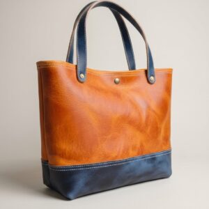 Détail des finitions cousues main, surpiqûres blanches et rivets en laiton sur le sac cabas en cuir Ash and Hide